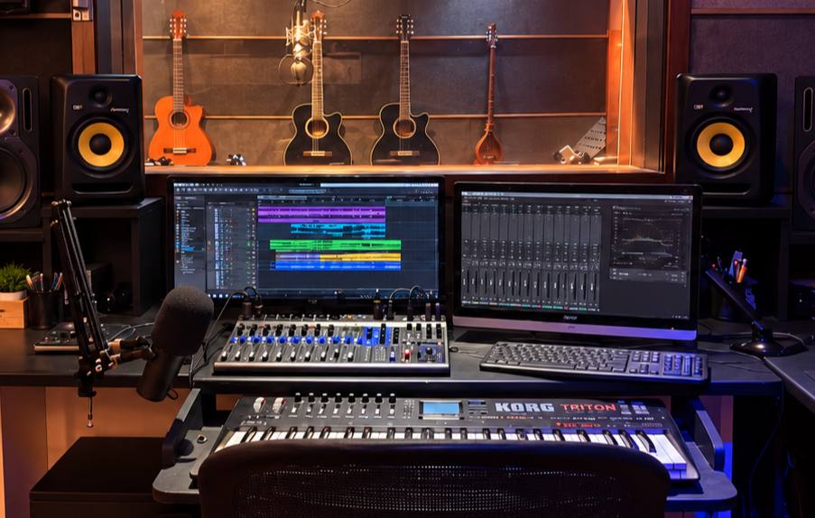 Detailed view of an audio mixing console with glowing buttons and sliders under ambient lighting.